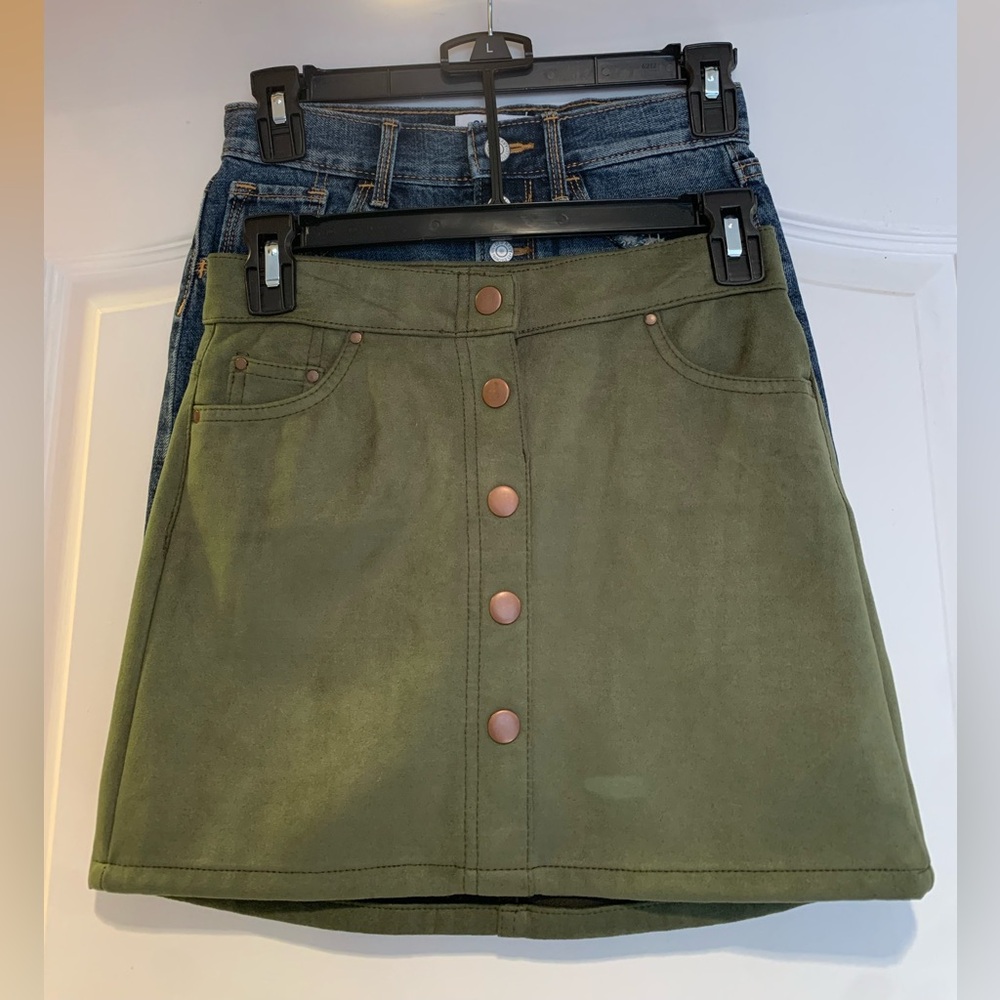 Olive Green and Denim Button-Front Skirts